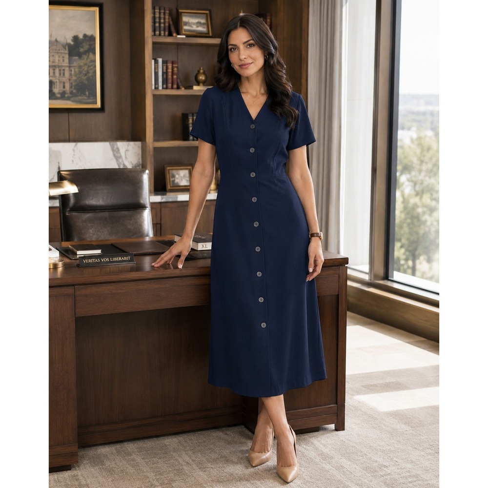 VTG Talbots Button Front Maxi Dress Women 8 Navy Tailored Preppy Professional